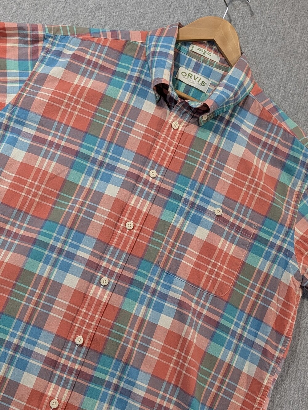 Orvis Short Sleeve Button Plaid Shirt Men's XL Blue Red